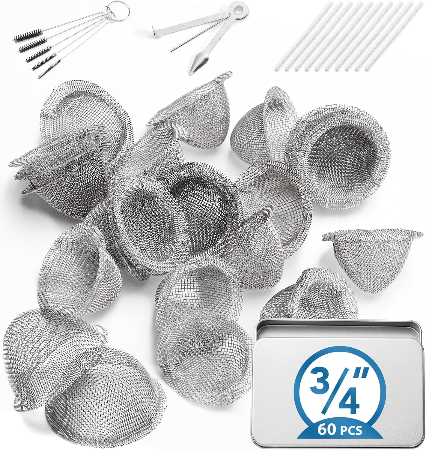 Pipe Screens Filter, 3/4 Inch 60 Pcs Adjustable Tapered Design Bowl Screens with Pipe Cleaners, 3 in 1 Tool, Bottle Brush, 0.75 Inch Stainless Steel Mesh with Metal Box