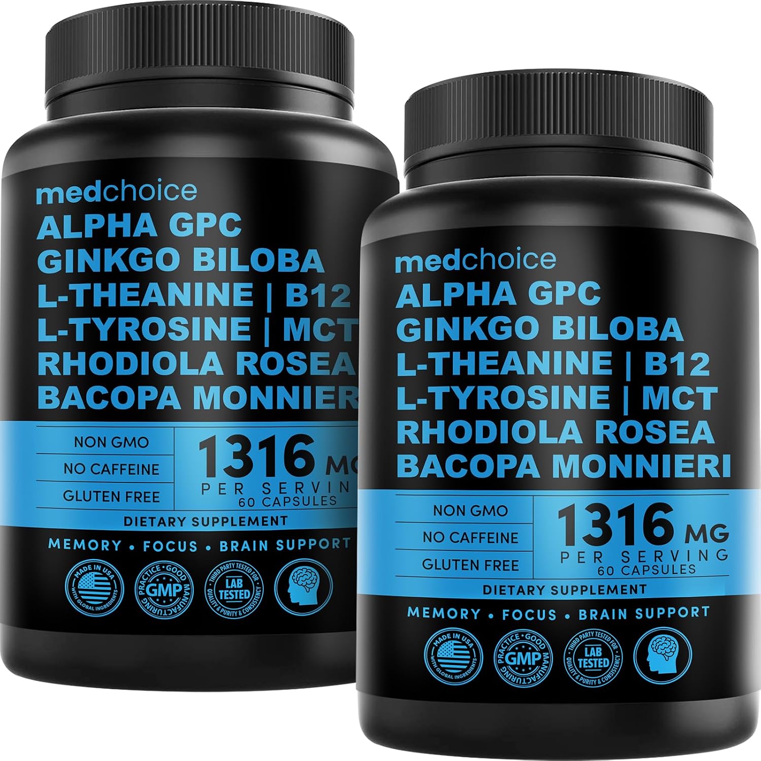 12-in-1 Nootropic Brain Supplement Anhydrous: Ginkgo Biloba for Brain Support, Memory and Focus – B12, Alpha GPC, L Theanine and Choline Supplements with Bioperine non Caffeinated 1321mg (120ct)