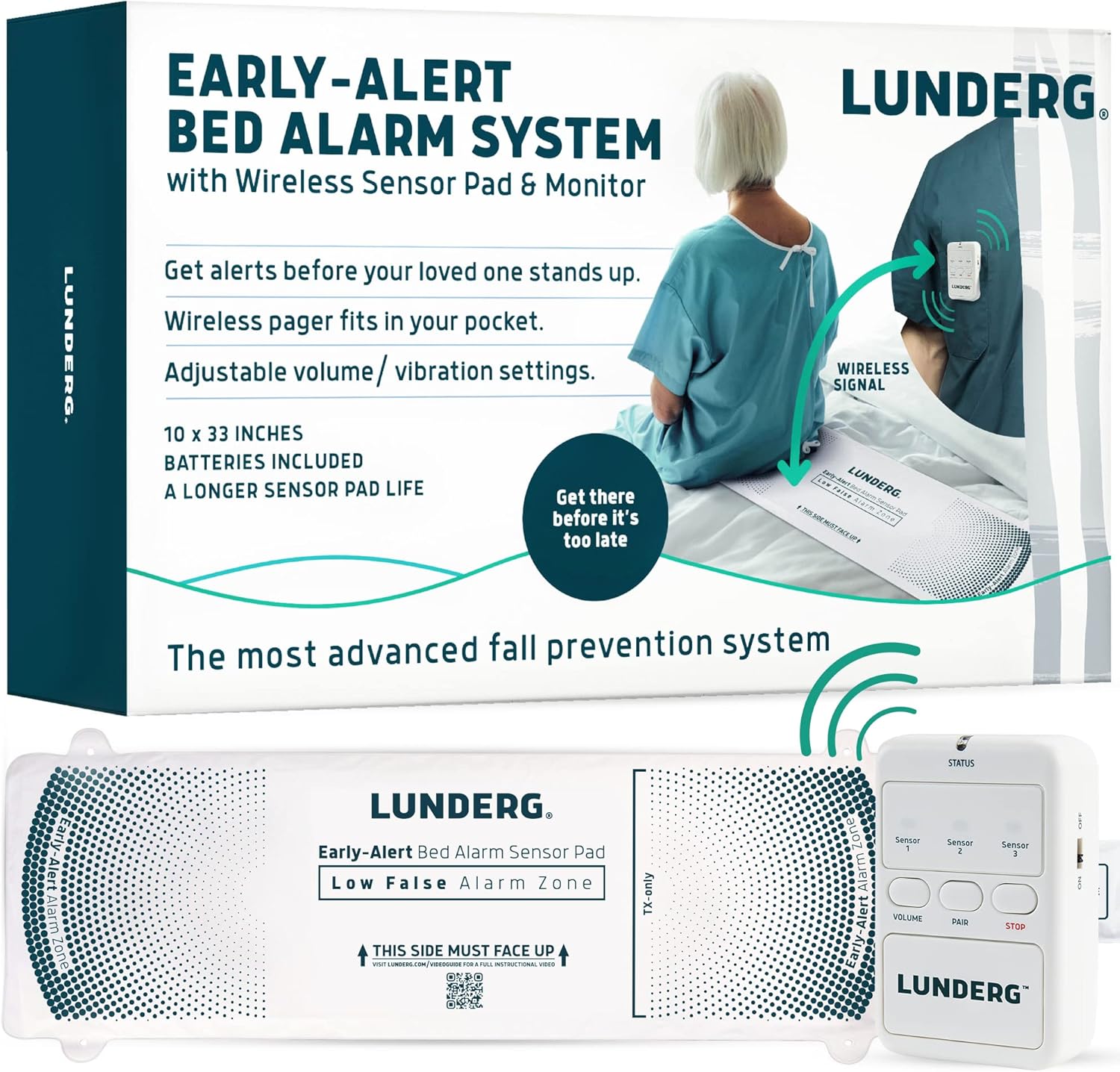 Lunderg Wireless Early Alert Bed Alarm System for Elderly – Alerts Caregivers Before They Get Up, No in-Room Alarm to Frighten Your Loved One, Fall Prevention for Dementia Care, Trusted US Company