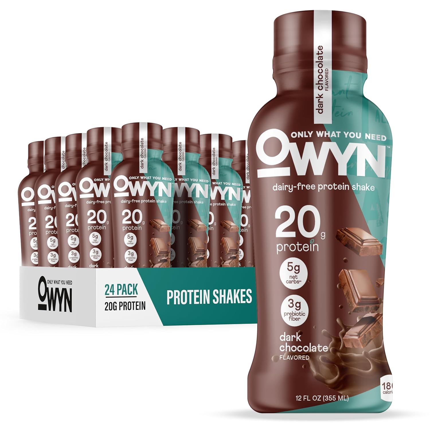 OWYN Only What You Need Dark Chocolate Flavored Protein Shake, 20g Protein, 4g Sugar, 3g Fiber, Dairy Free, Plant Based Protein Drink 12 Count