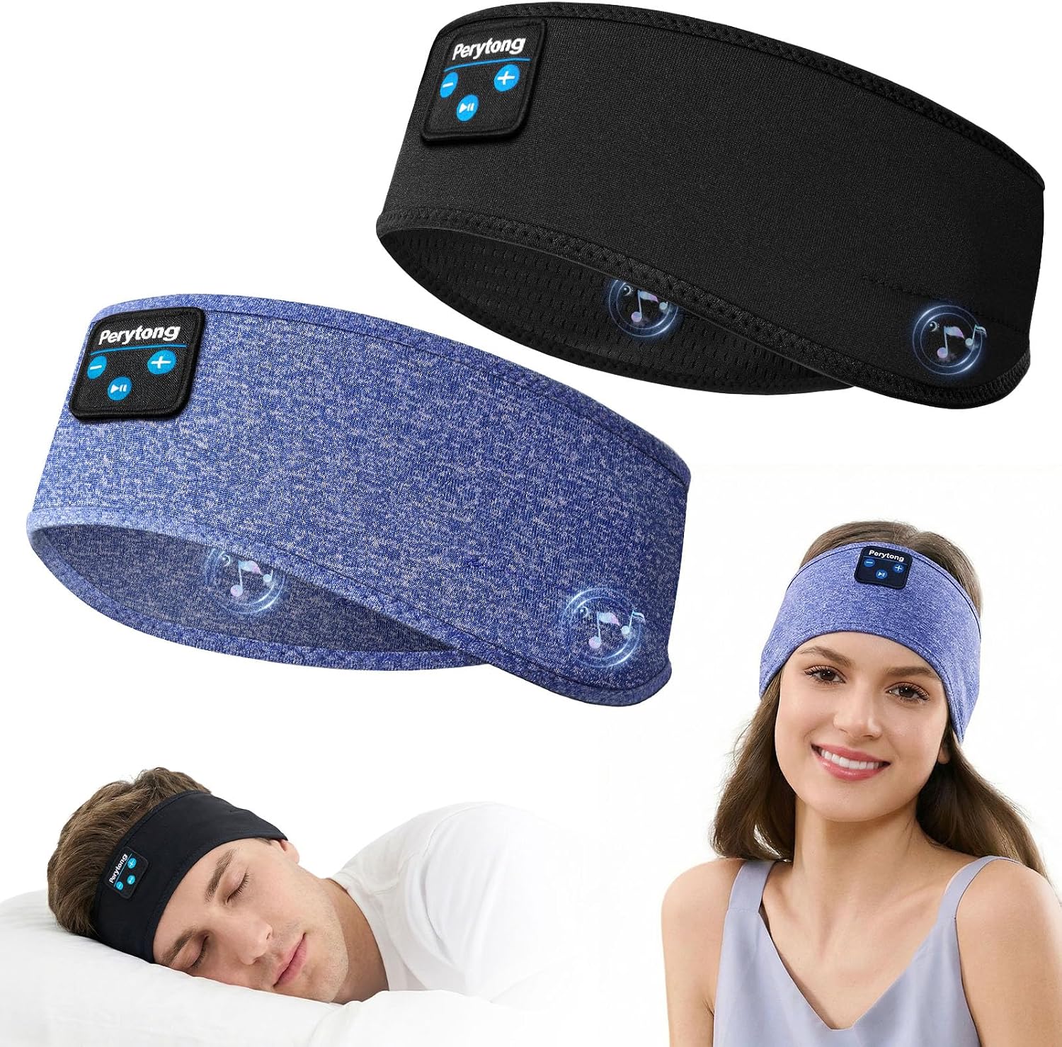 Perytong 2 Pack Sleep Headphones Bluetooth 5.4 Headband, Sleeping Headphones for Side Sleepers with Ultra-Thin Stereo Speakers, Wireless Sport Headband Earphones for Workout Yoga Meditation