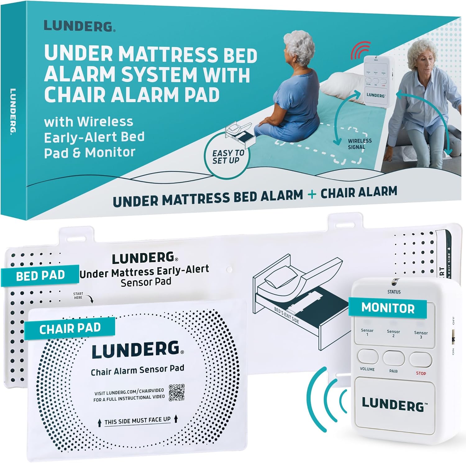 Lunderg Under Mattress Bed & Chair Alarm Set – Invisible Wireless Sensor Pad with Early Alert & Pager – Our Most Advanced Fall Prevention for Dementia Care – Ideal for Loved Ones Who Refuse Help