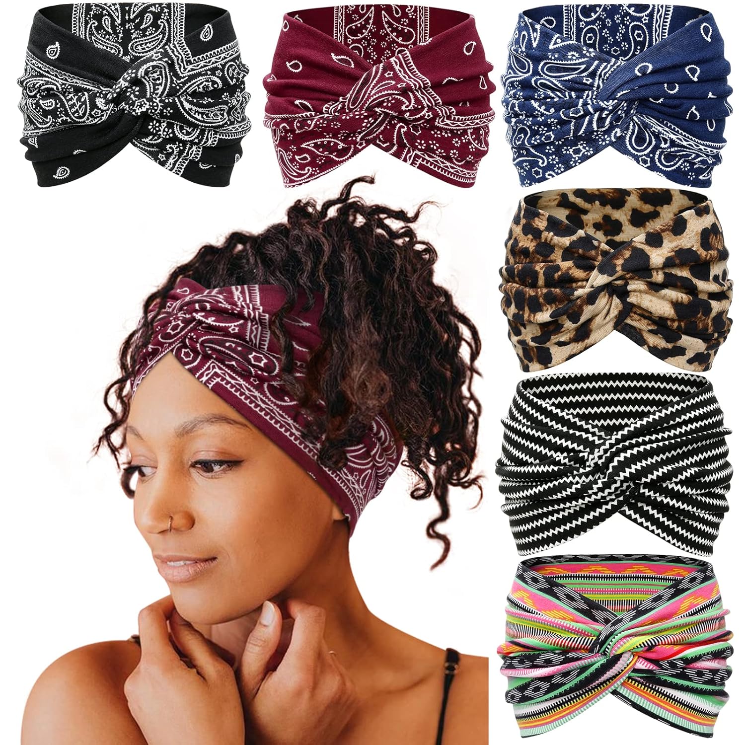 Tobeffect Wide Headbands for Women, 7” Boho Turban Headband Large Hairband Twisted Hair Accessories, 6 pack