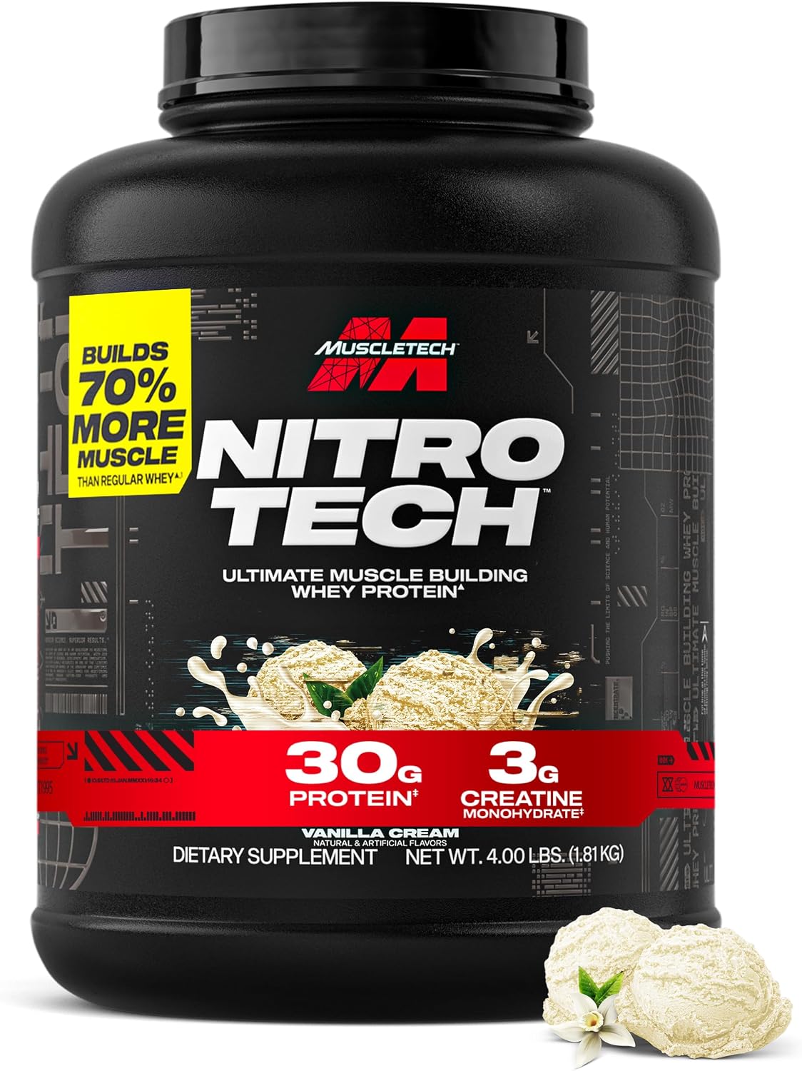 Muscletech Whey Protein Powder (Vanilla Cream, 4 Pound) – Nitro-Tech Ultimate Muscle Building Formula with Whey Protein Isolate – 30g of Protein, 3g of Creatine & 6.8g of BCAA – Packaging May Vary