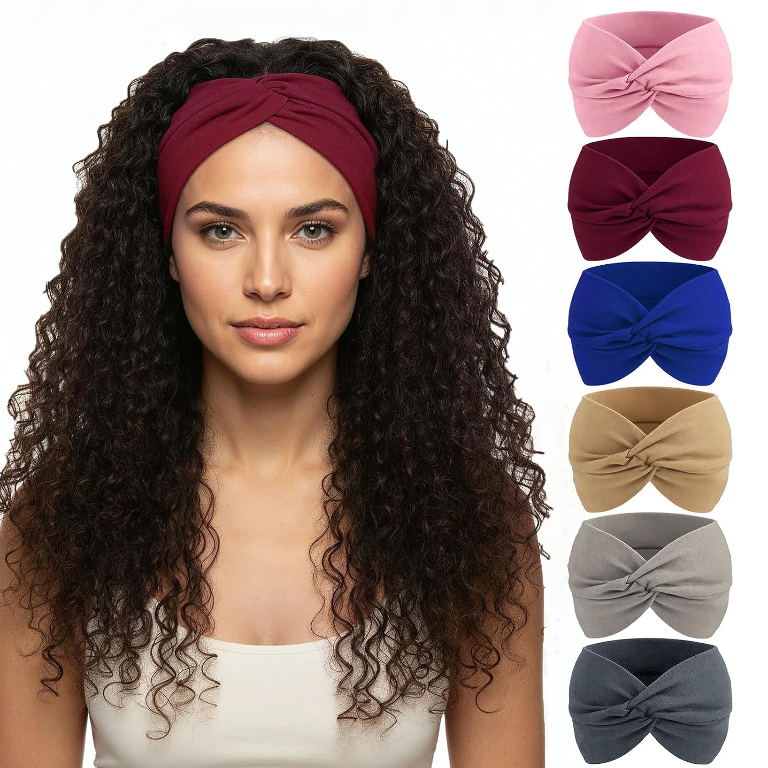obeoby 6 Inch Cotton Wide Headbands for Work,Daily Life, Boho Outfits, Large African Hair Wrap 6 Pack Non Slip Turban Hair Bands