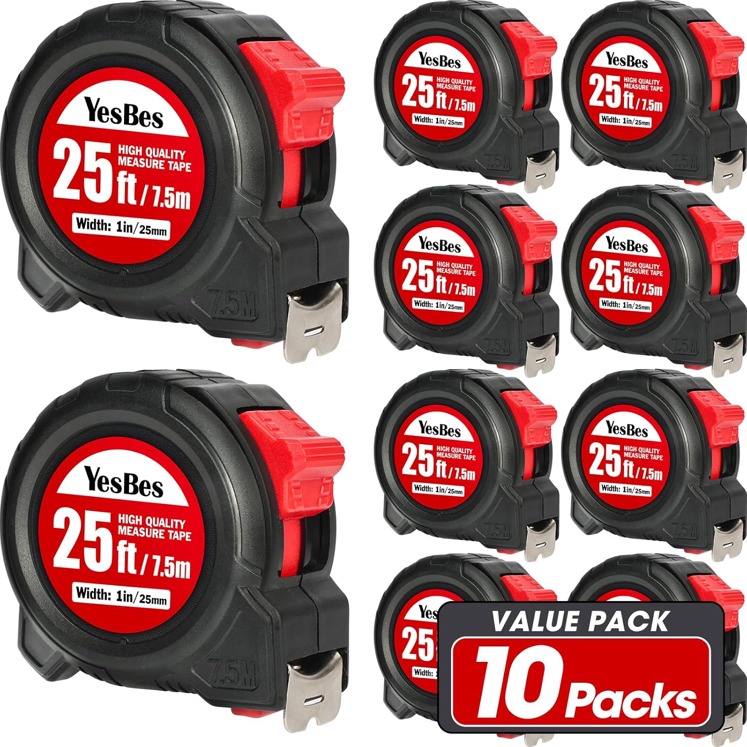 Tape Measure 25 ft, 10 Pack Bulk Easy Read Measurement Tape, Self-Locking Measuring Tape Retractable 25 FT by 1 in