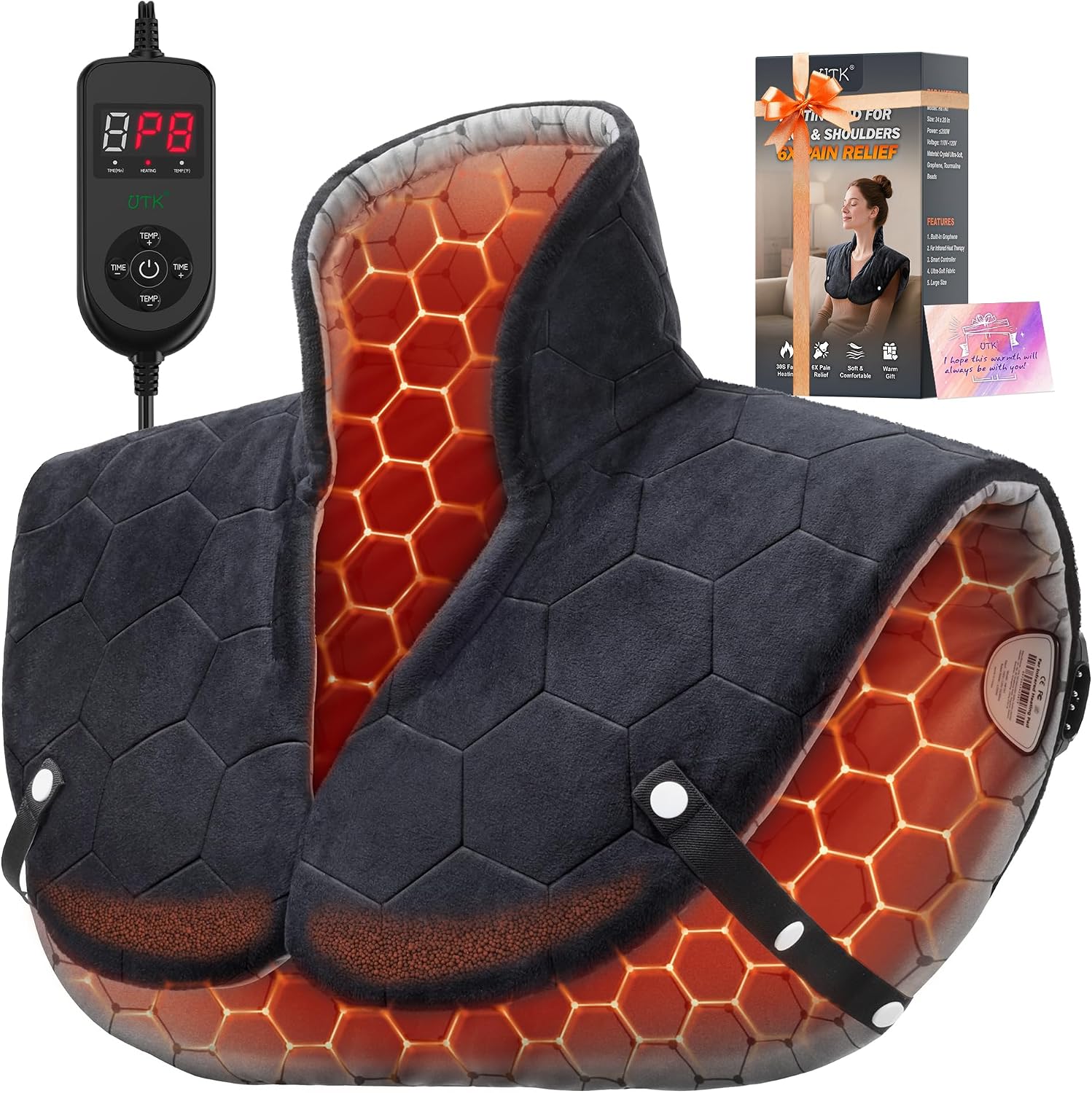 UTK 30s Fast Heating Pad for Neck and Shoulders and Back, 6X Deeper Penetrate, Far Infrared Heated Wrap for Neck and Shoulders Pain Relief, Auto Shut Off, Memory Function, Gifts for Women Men 24″X20″