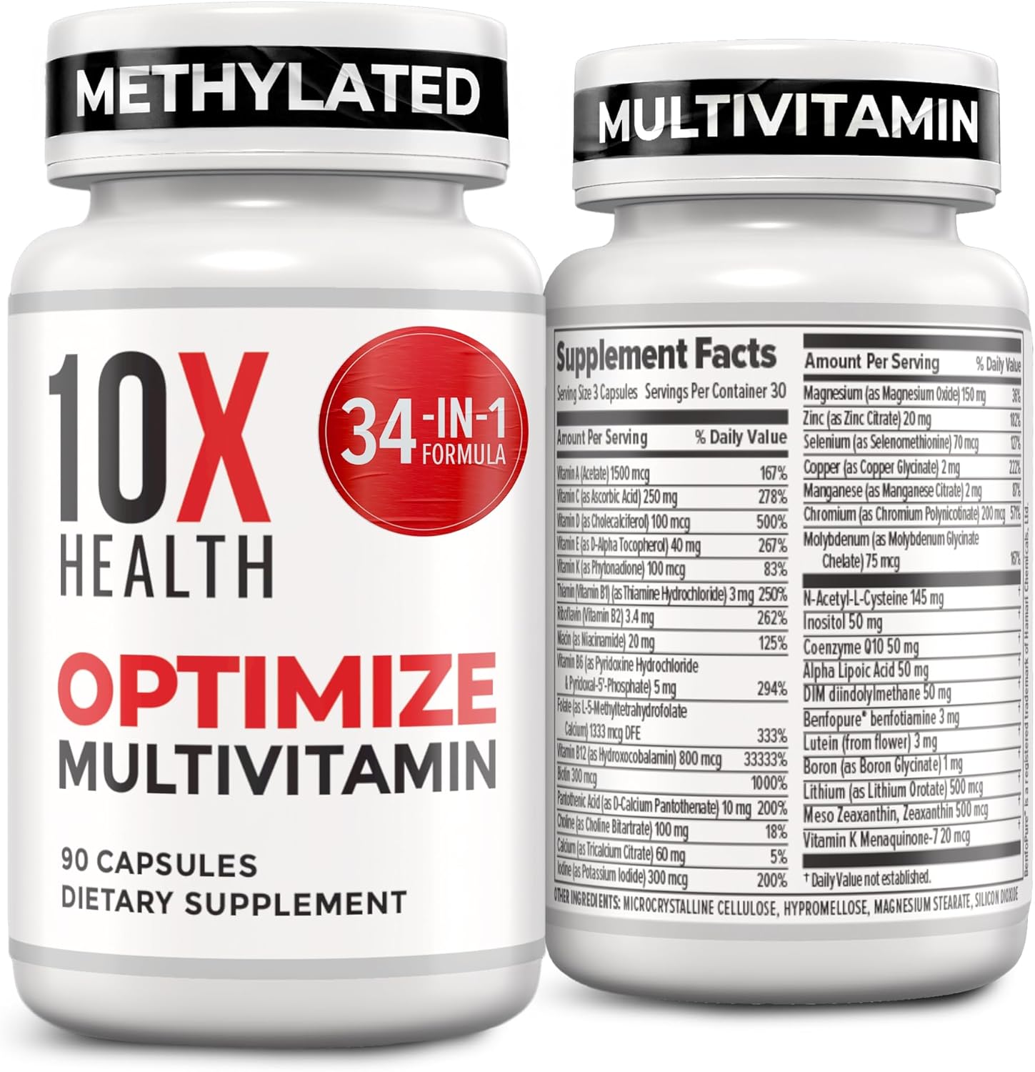 10X Health Optimize Methylated Multivitamin for Men and Women – 90 Capsules, 34 in 1 Formula with 800 mcg of Vitamin B12, 5-MTHF, NAC – Methyl B Complex