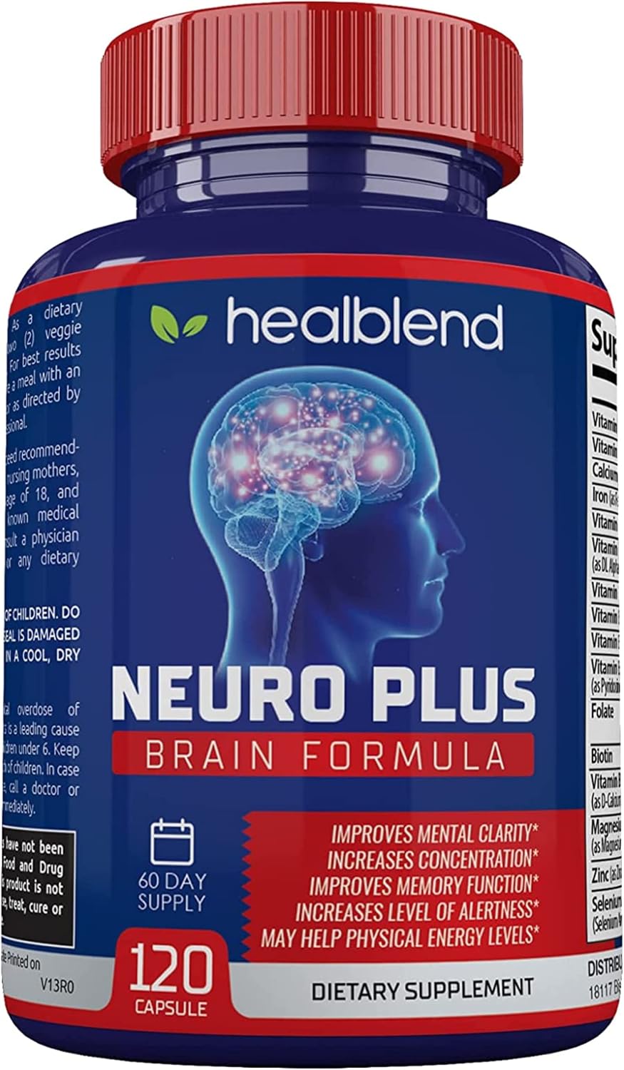 Neuro Plus Brain & Focus Formula – Nootropic Brain Booster Supplement, Supports Brain Health, Mental Clarity & Focus – Enhances Concentration & Mental Energy – 120 Capsules (1)