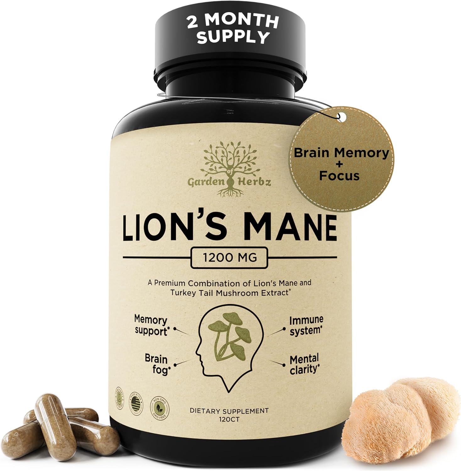 Lion’s Mane Mushroom Supplement Capsules with Turkey Tail for Memory & Focus – Brain Supplement, Brain Fog Support, 10:1 Extract, 1200mg, 3rd Party Tested, Non-GMO, Vegan, Made in USA, 2 Month Supply