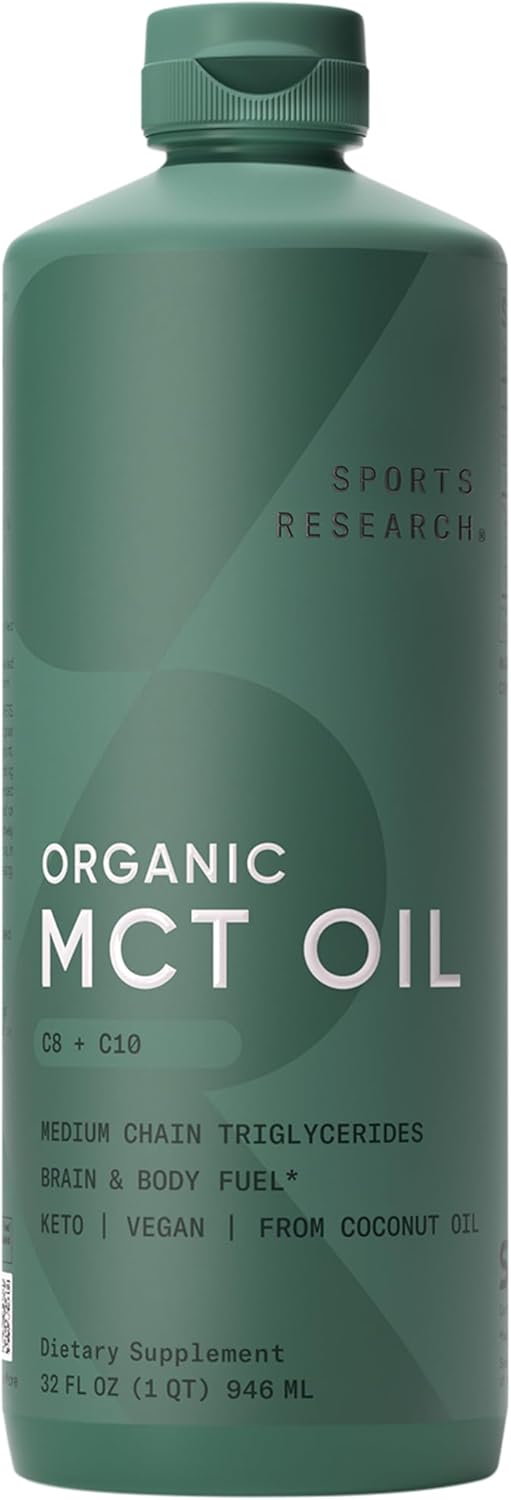 Sports Research Organic MCT Oil – Keto & Vegan MCTs C8, C10 from Coconuts – Fatty Acid Brain & Body Fuel, Non-GMO & Gluten Free – Flavorless Oil, Perfect in Coffee, Tea & Protein Shakes – 32 oz