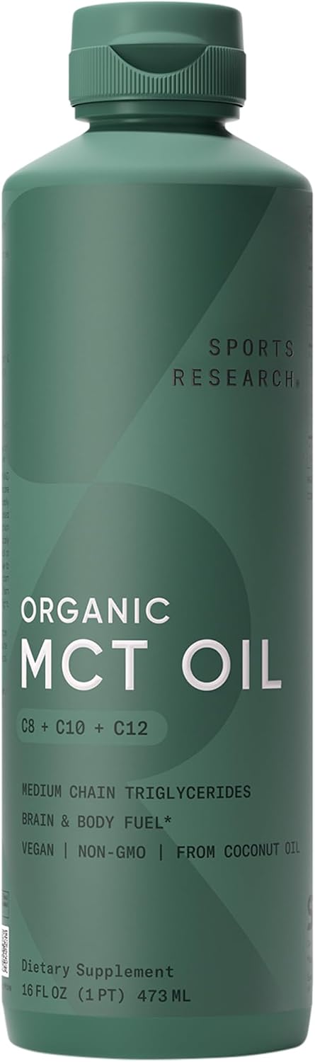 Sports Research® Organic Coconut MCT Oil, 16oz (Unflavored) | Brain & Body Fuel, Great in Keto Coffee & Protein Shakes, Non-GMO, Dairy-Free, 32 Servings