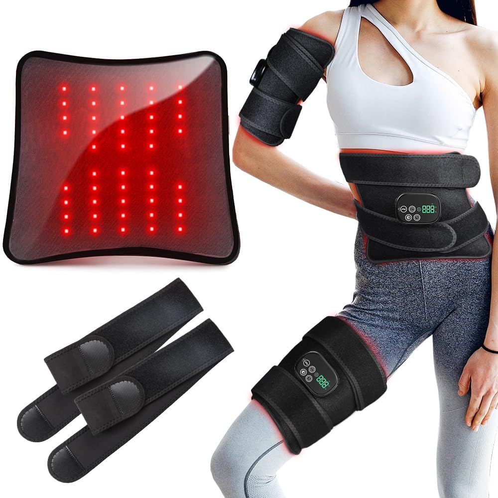 Red Light Therapy Body Massager Belt, Black | Vibration Massage, Cordless Infrared Light Therapy, 2 Long Wraps, For Back Shoulder