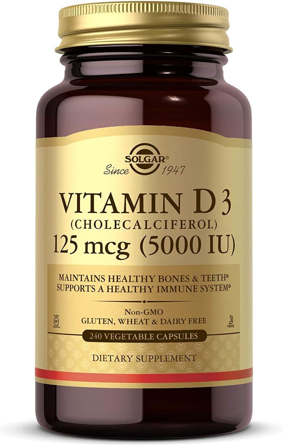 Solgar Vitamin D3 (Cholecalciferol) 125 mcg (5000 IU), 240 Vegetable Capsules – Helps Maintain Healthy Bones & Teeth – Immune System Support – Non-GMO, Gluten Free – 240 Total Servings