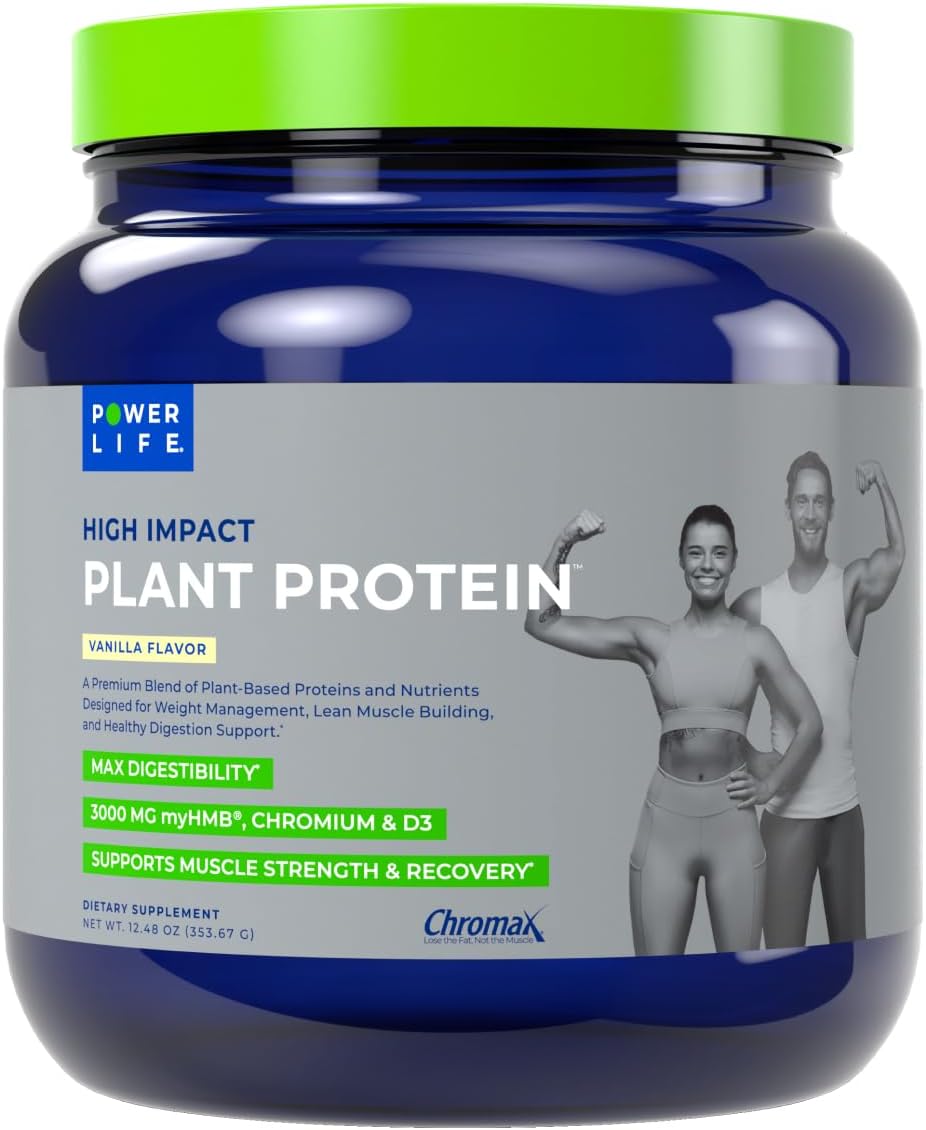 POWERLIFE High Impact Plant Protein Powder with 3000 MG of HMB, Plant-Based, No Sugar Added, Vegan, Keto Friendly, Non-GMO (Vanilla – New Formula)