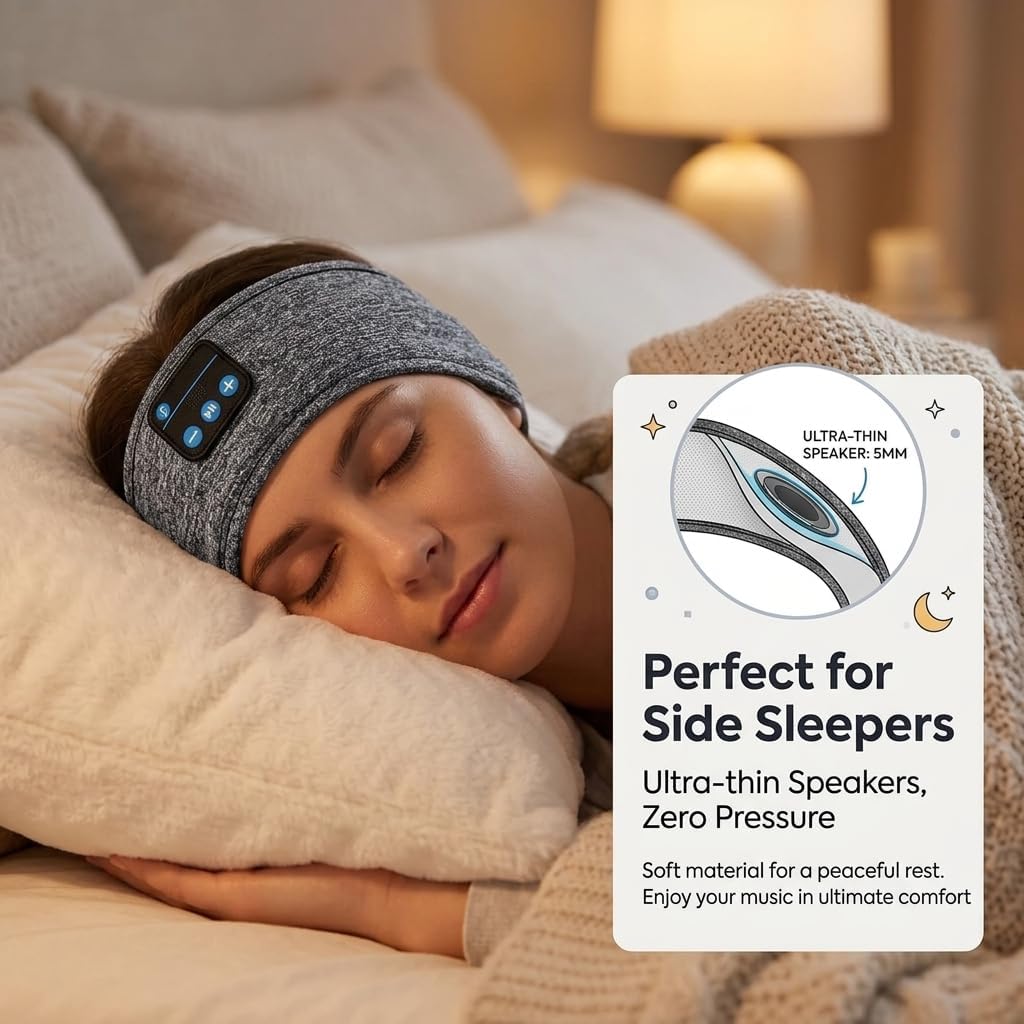 Wireless Bluetooth Sports Headband Headphones Ultra-Thin HD Stereo Perfect for Sleeping Workout Jogging Yoga Insomnia Air Travel Meditation Gray