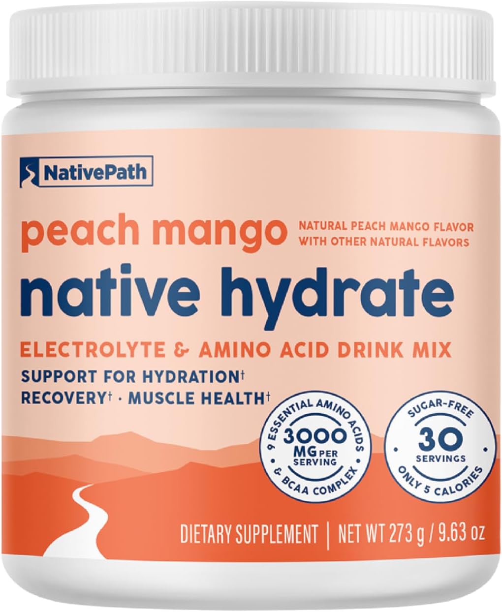 NativePath Hydrate Electrolytes Powder – Zero Sugar Drink Mix with 2,000mg BCAAs, 14 Vitamins & Minerals – Peach Mango Keto Hydration for Energy & Recovery, 30 Servings