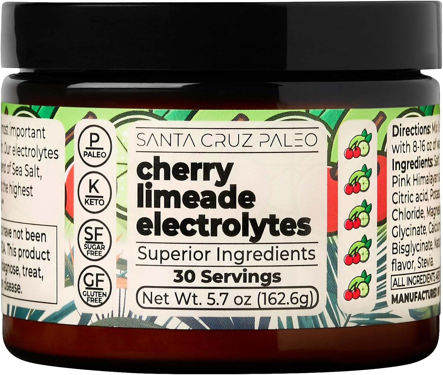 Santa Cruz Paleo Electrolyte Powder, Cherry Limeade, Sugar Free Hydration Drink Mix with Himalayan Pink Salt, Sea Salt, Magnesium Glycinate, Potassium Chloride, Sweetened with Stevia, 30 Servings