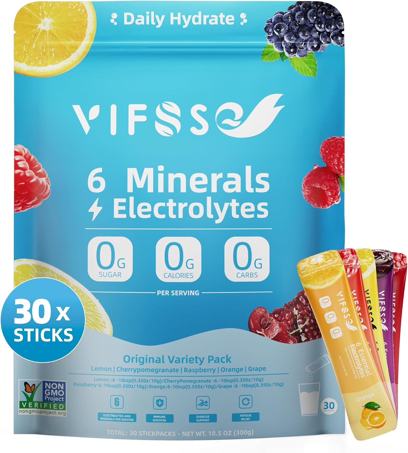 Electrolyte Powder Drink Mix – Rapid Hydration with 6 Minerals & Electrolytes, 30 Sticks, Sugar-Free Variety Packs of Lemon, Raspberry, Cherrypomegranate,Orange, Grape, for Workout & Energy Recovery