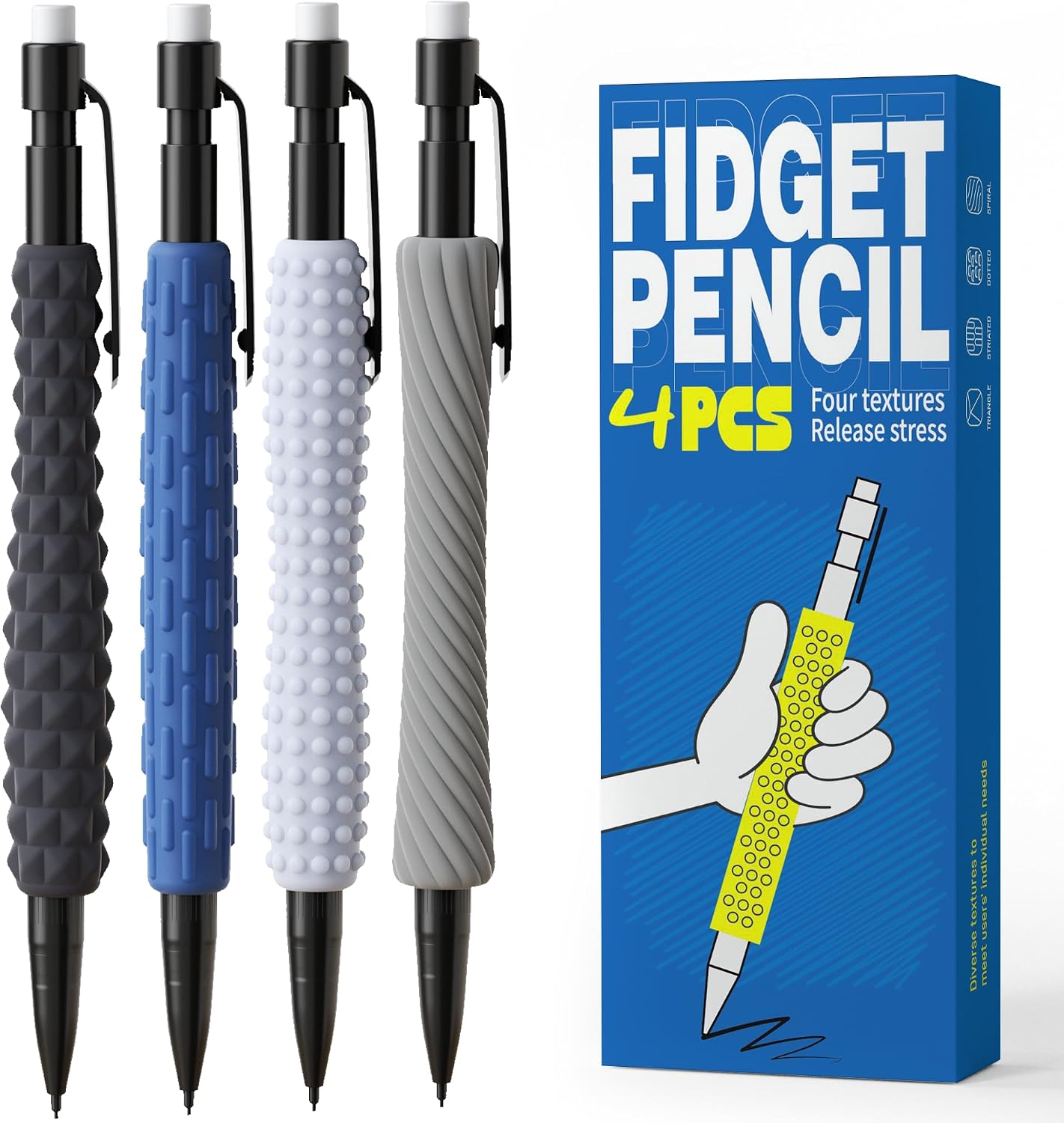 ELETIUO 4-in-1 Silent Fidget Pencil – Sensory Focus Tool for Stress Relief, ADHD, Autism & Anxiety. Fine Motor Skills Aid with Textured Silicone Sleeve for for Kids and Adults