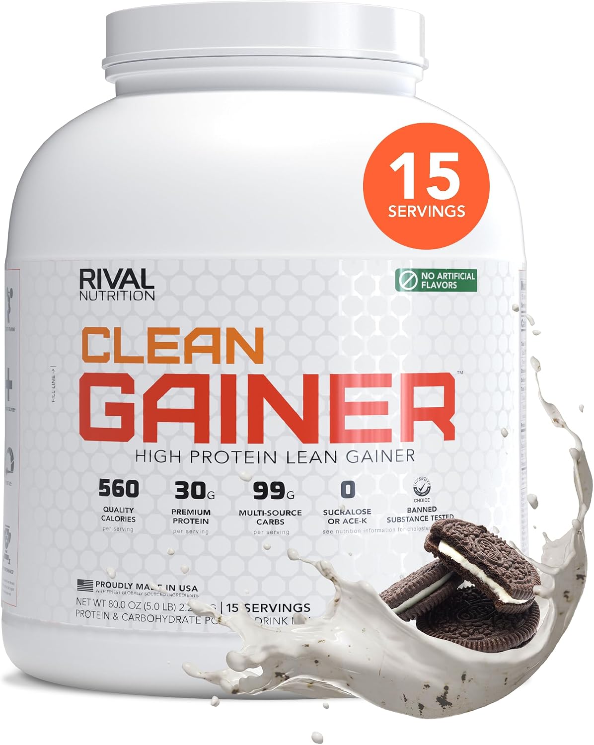 RIVAL NUTRITION Clean Gainer Cookies & Cream High-Protein Lean Gainer Powder I 5 Lb, 15 Servings I 560 Calories, 30g Protein, 99g Multi-Source Carbs Per Serving I Natural Flavors, No Artificial Colors