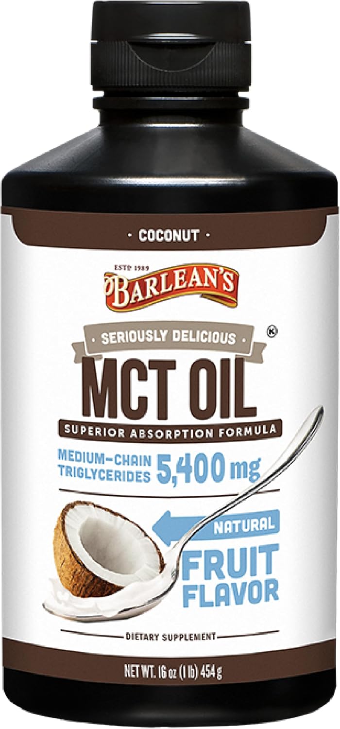 Barlean’s MCT Oil Supplement, Coconut Flavored for Keto Coffee, Emulsified Creamy Liquid Syrup with 5,400mg Plant-Based MCT’s to Support Energy, Focus and Wellness, 16 oz
