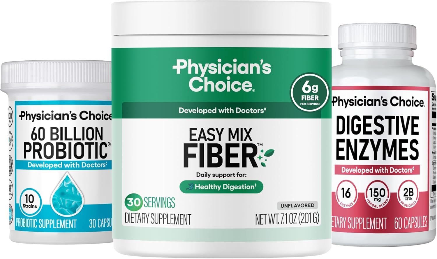 Physician’s CHOICE Daily Gut Essentials Bundle: Easy Mix Fiber, Digestive Enzymes & 60 Billion Probiotic