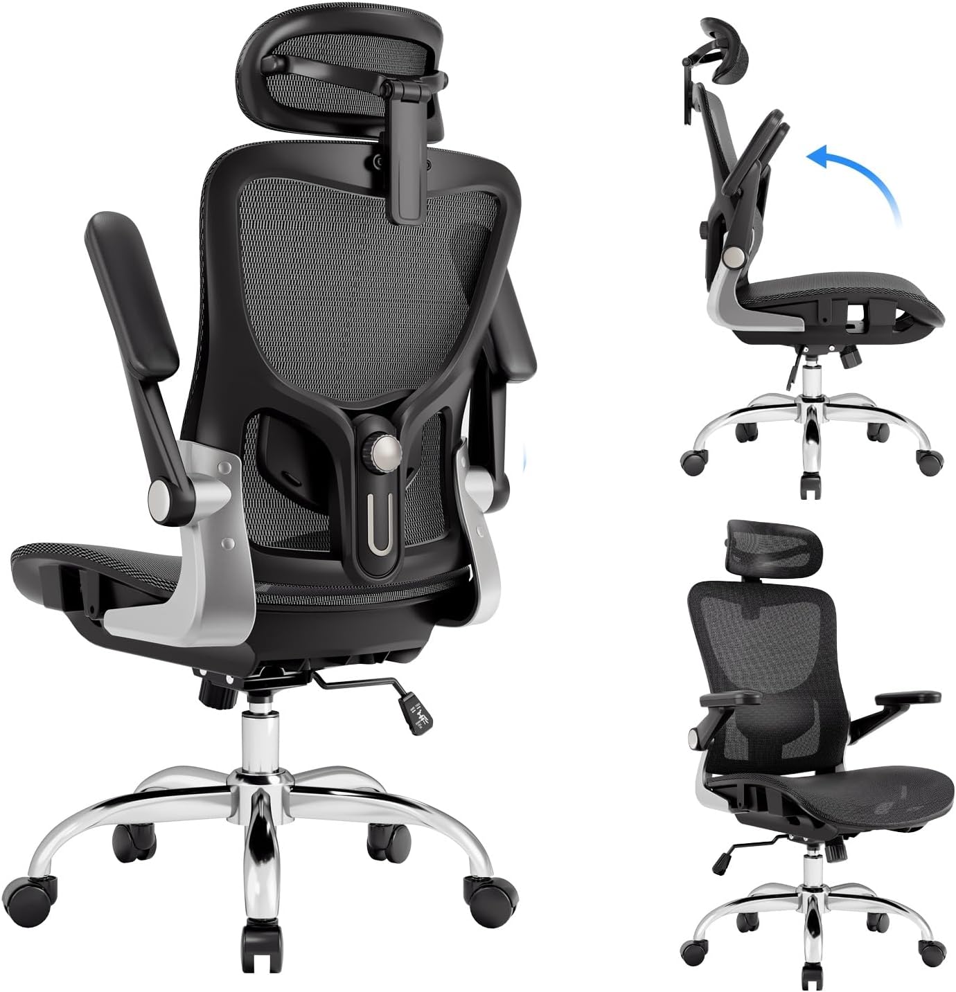 marrap Ergonomic Office Chair, Mesh Seat Cushion with 3D Armrests and 3D Headrest, Adjustable Lumbar Support with 90-120° Rocking Function for Home Office, Black