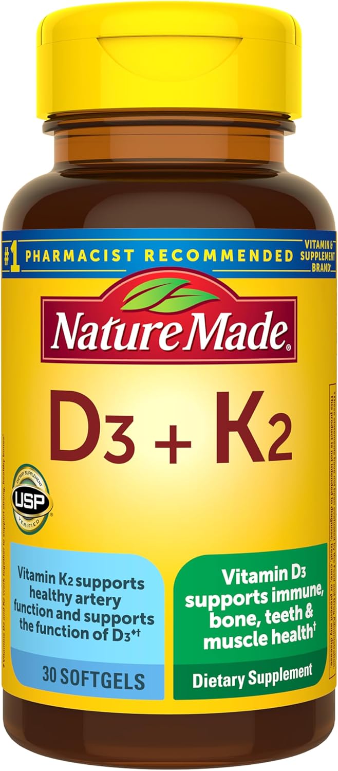 Nature Made Vitamin D3 K2 Supplement, 5000 IU (125 mcg) Vitamin D for Bone, Muscle and Immune Support, 30 Softgels