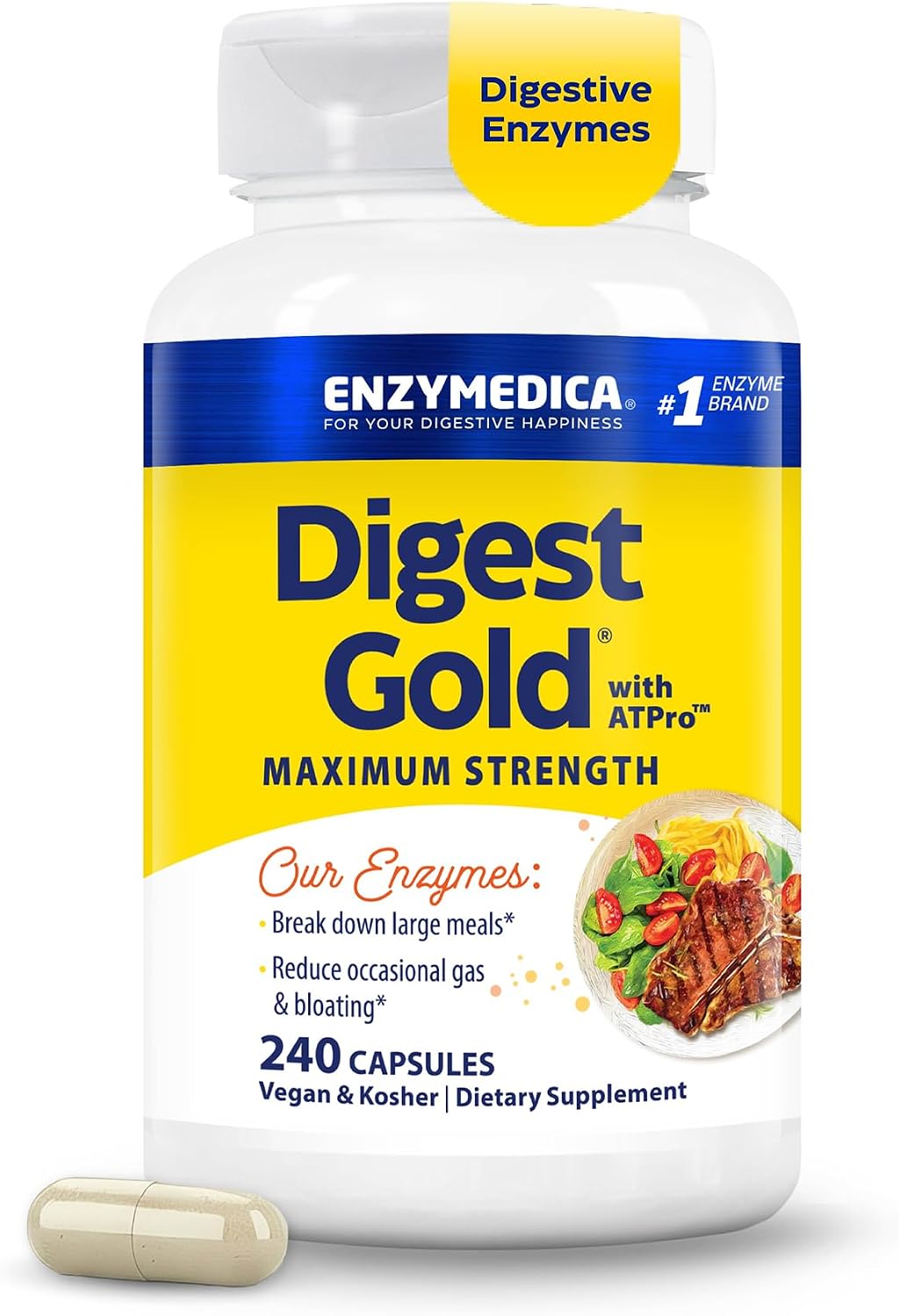 Enzymedica Digest Gold – Digestive Enzyme Supplement for Women & Men, Enzyme Capsules for Digestion, Gut Health Support, Helps Gas & Bloating, ATPro Energy Support, Maximum Strength, Vegan – 240 Caps