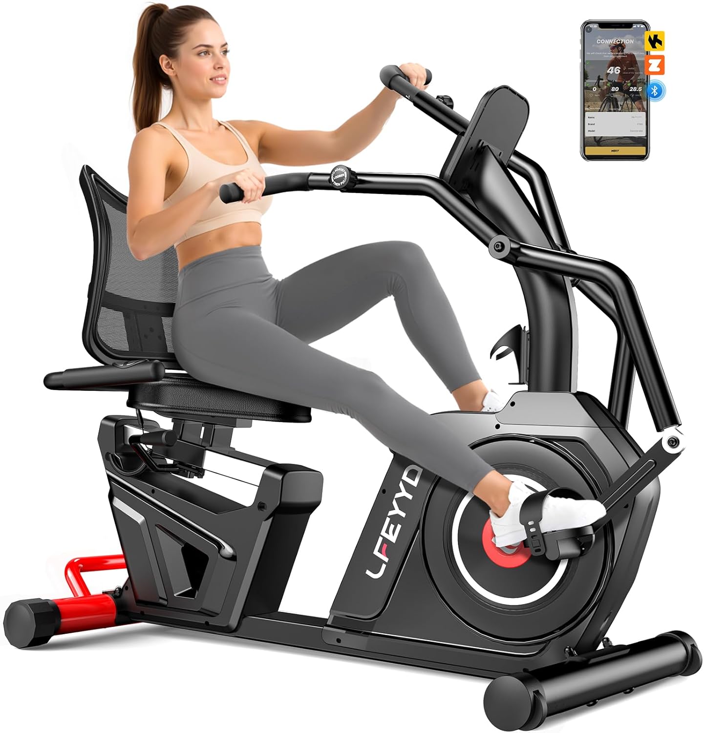 Recumbent Exercise Bike, Stationary Recumbent Exercise Bike for Home with Arm Exerciser, 16-Level Magnetic Resistance, Bluetooth App, LCD Monitor, Heart Rate, Heavy-Duty Frame(BIACK-Red)