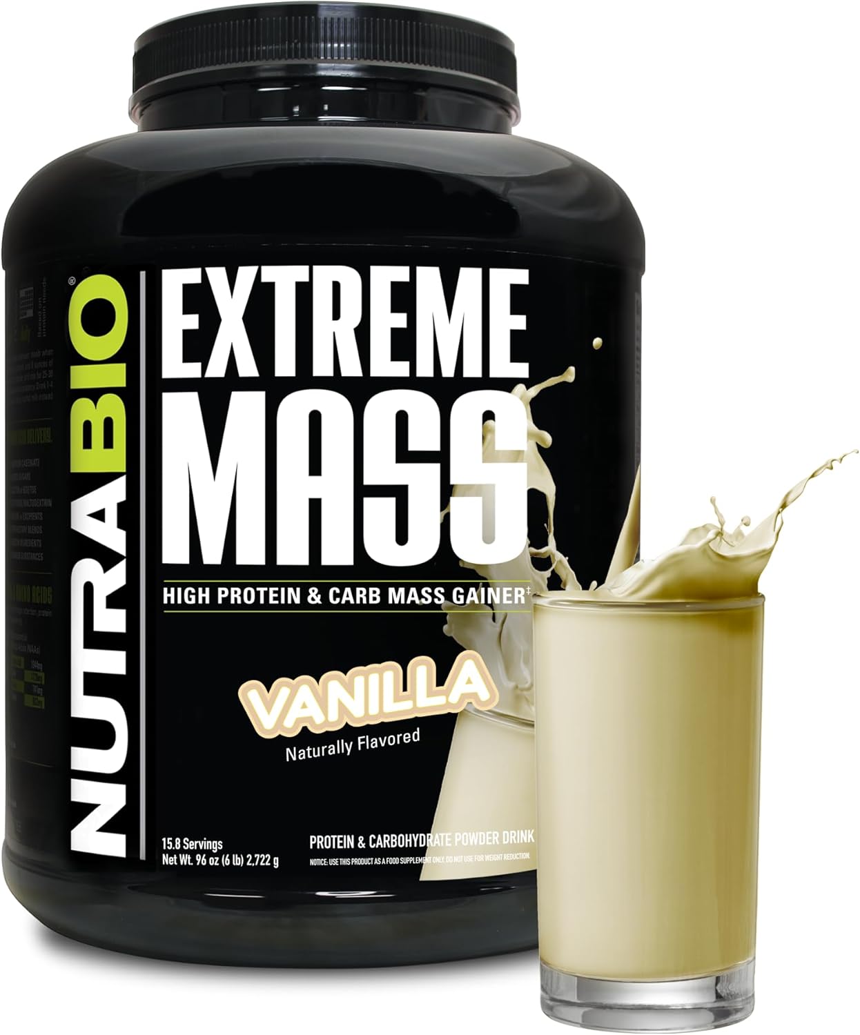 NutraBio Extreme Mass Gainer Protein Powder, 53G Protein, Clean Weight Gainer, Increase Muscle Mass, Full Spectrum Amino Acid – Vanilla, 6 Pound