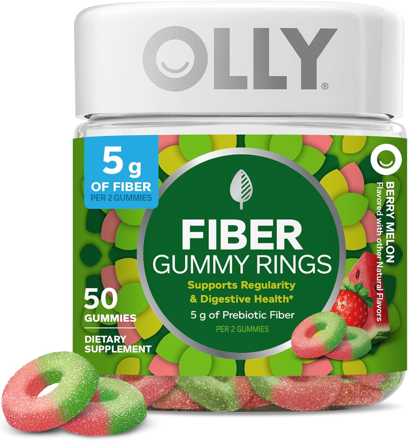Olly, Fiber Gummy Rings, 5g Fos Prebiotic Fiber, Digestive Health Supplement,* Strawberry Watermelon Flavored, 25 Day Supply, 50 Count