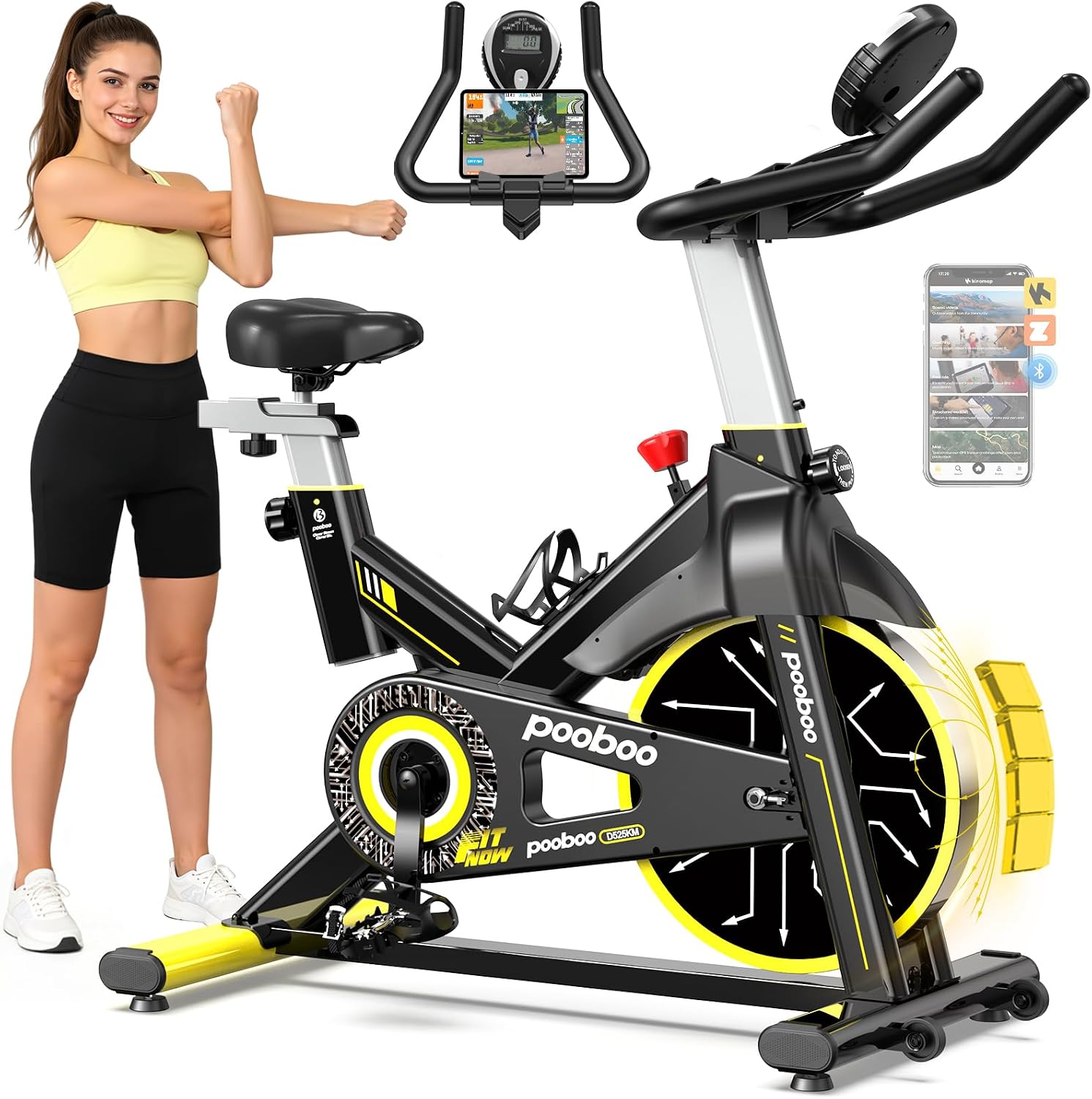 pooboo Magnetic Exercise Bike, Indoor Cycling Bike with Self-Developed App, Quiet Indoor stationary bikes with 330lbs Weight Capacity Comfortable Seat,Tablet Mount and Fitness Courses for Weight Loss