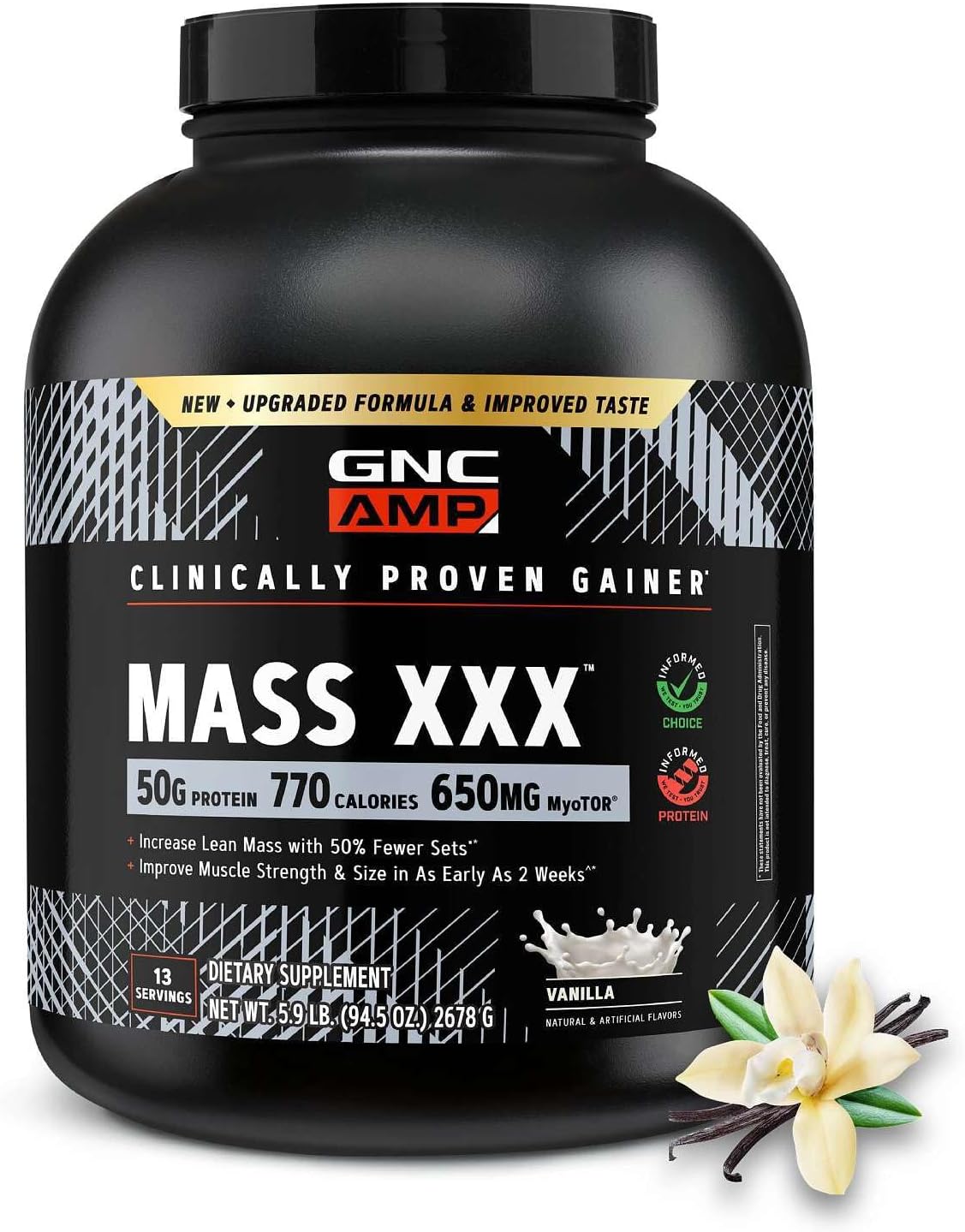 GNC AMP Mass XXX, Clinically Proven Weight Gainer Protein Powder, Improves Strength and Size, 780 Calories, 50g Protein, Micronized Amino Acids, Creatine, Betaine, Vanilla, 13 Servings, 6 Pounds
