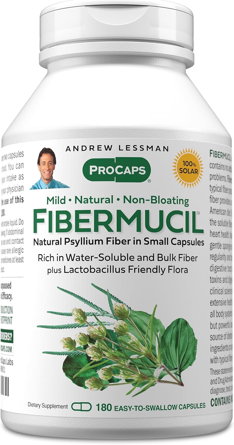 ANDREW LESSMAN Fibermucil 180 Capsules -Psyllium Husk Powder. Gently Promotes Regularity and Digestive Health. Rich in Fiber. Gentle, Easy, Effective. No Additives. Small Easy to Swallow Capsules