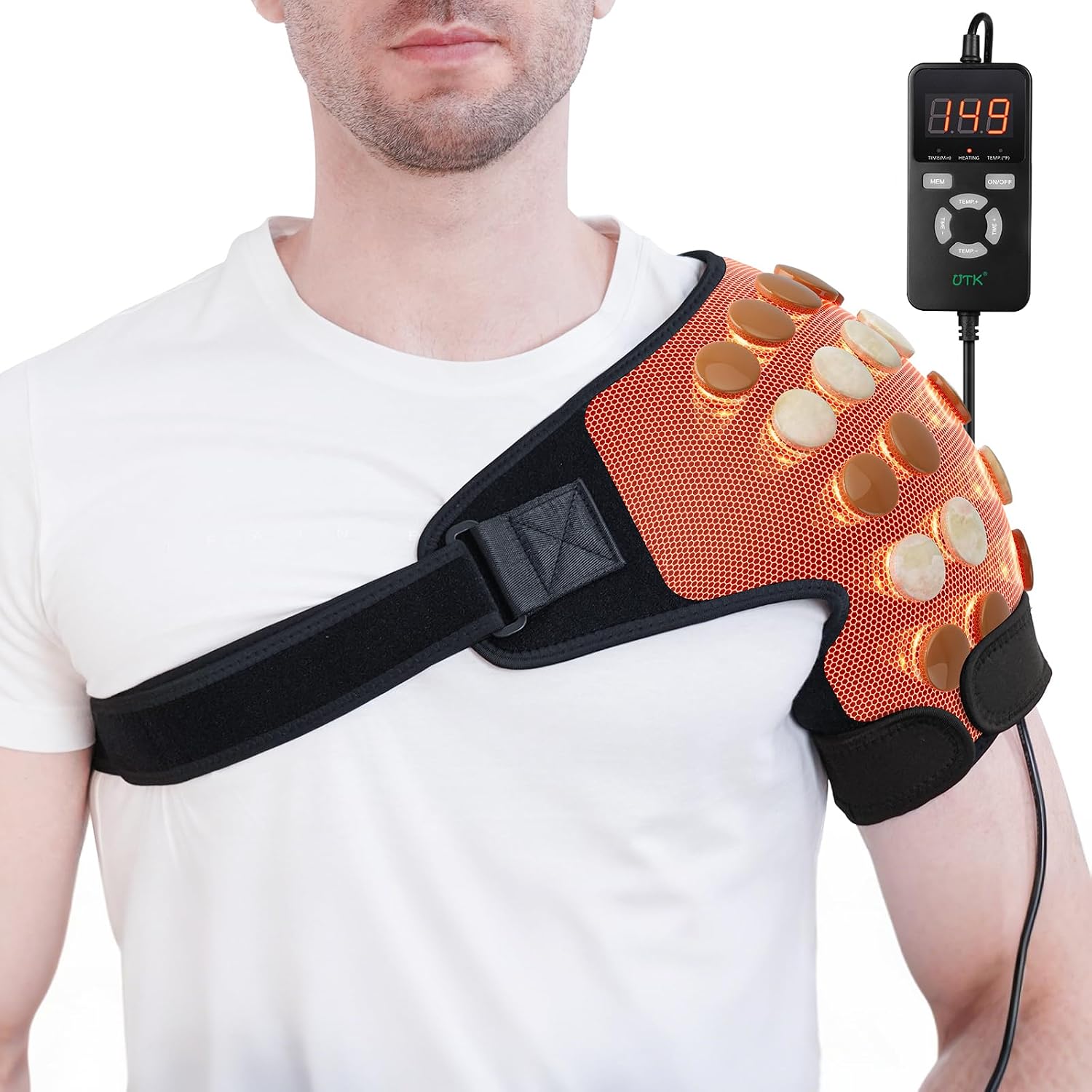 UTK Far Infrared Shoulder Heating Pad, Hot Enough, Gifts for Men, Heating Pads for Rotator Cuff Pain Relief, 24 Timers, Auto-Off, 24 Natural Jade, 27-52″ Adjustable Size Shoulder Wrap