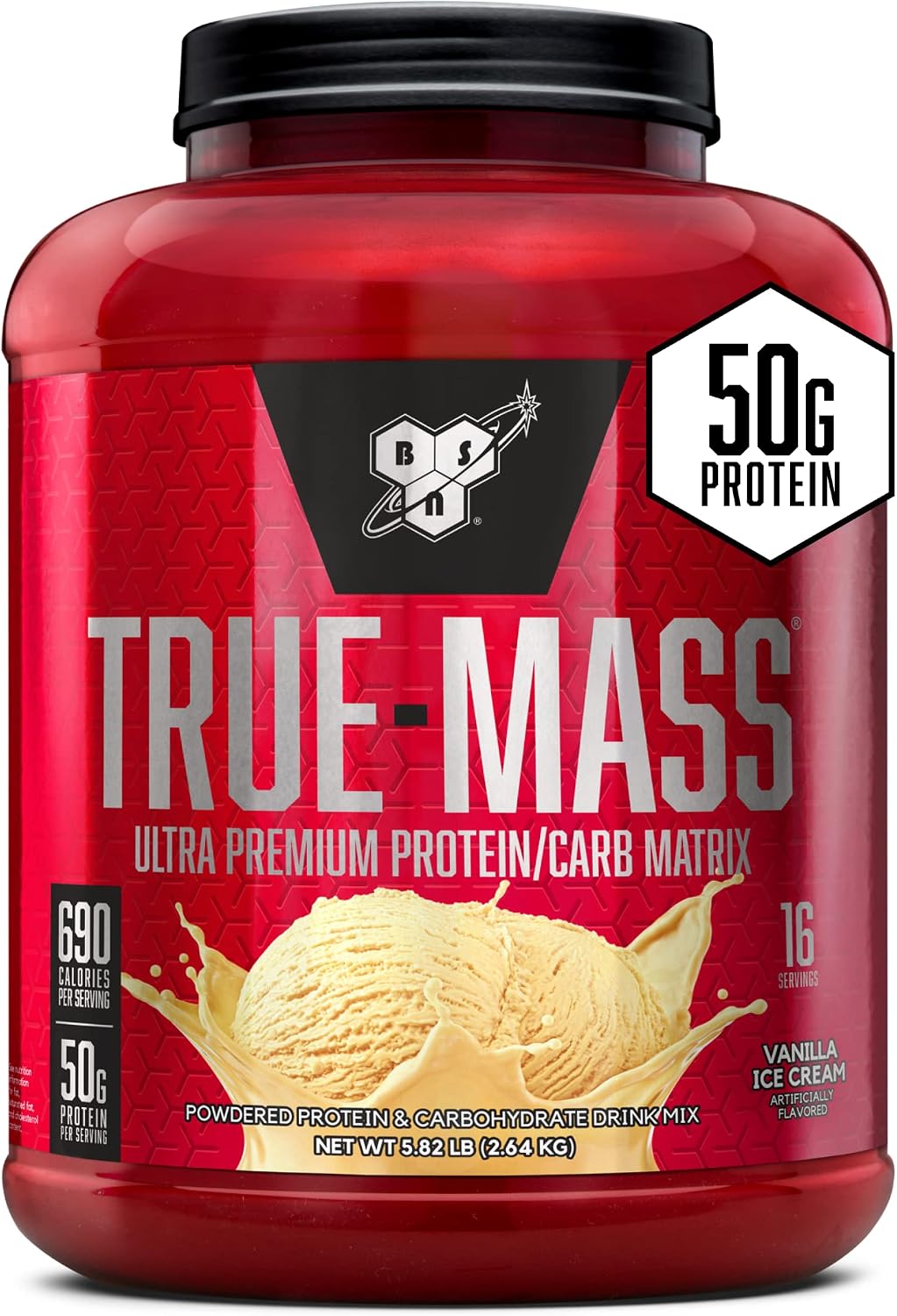 BSN TRUE-MASS Weight Gainer, Mass Gainer Protein Powder, Post Workout Muscle Recovery Powder, Muscle Gainer, 2:1 Carbs to Protein Ratio, Vanilla Ice Cream, 5.82 Pound, 16 Servings