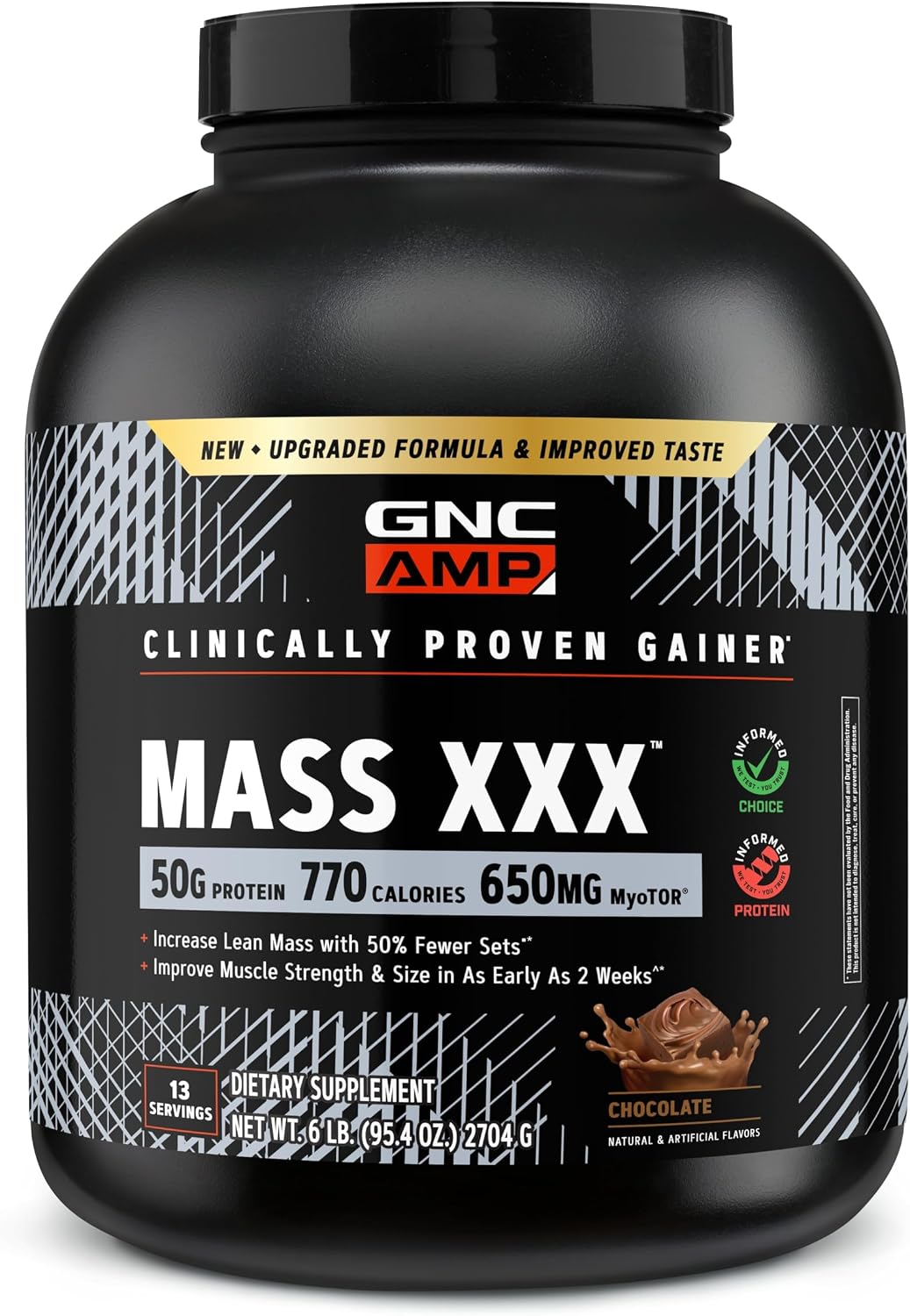 GNC AMP Mass XXX with MyoTOR – Delicious Protein Powder for Active Lifestyles – Clinically Tested Formula – Elite Sports Nutrition – Gluten-Free – Chocolate – 96.3 oz (13 Servings)
