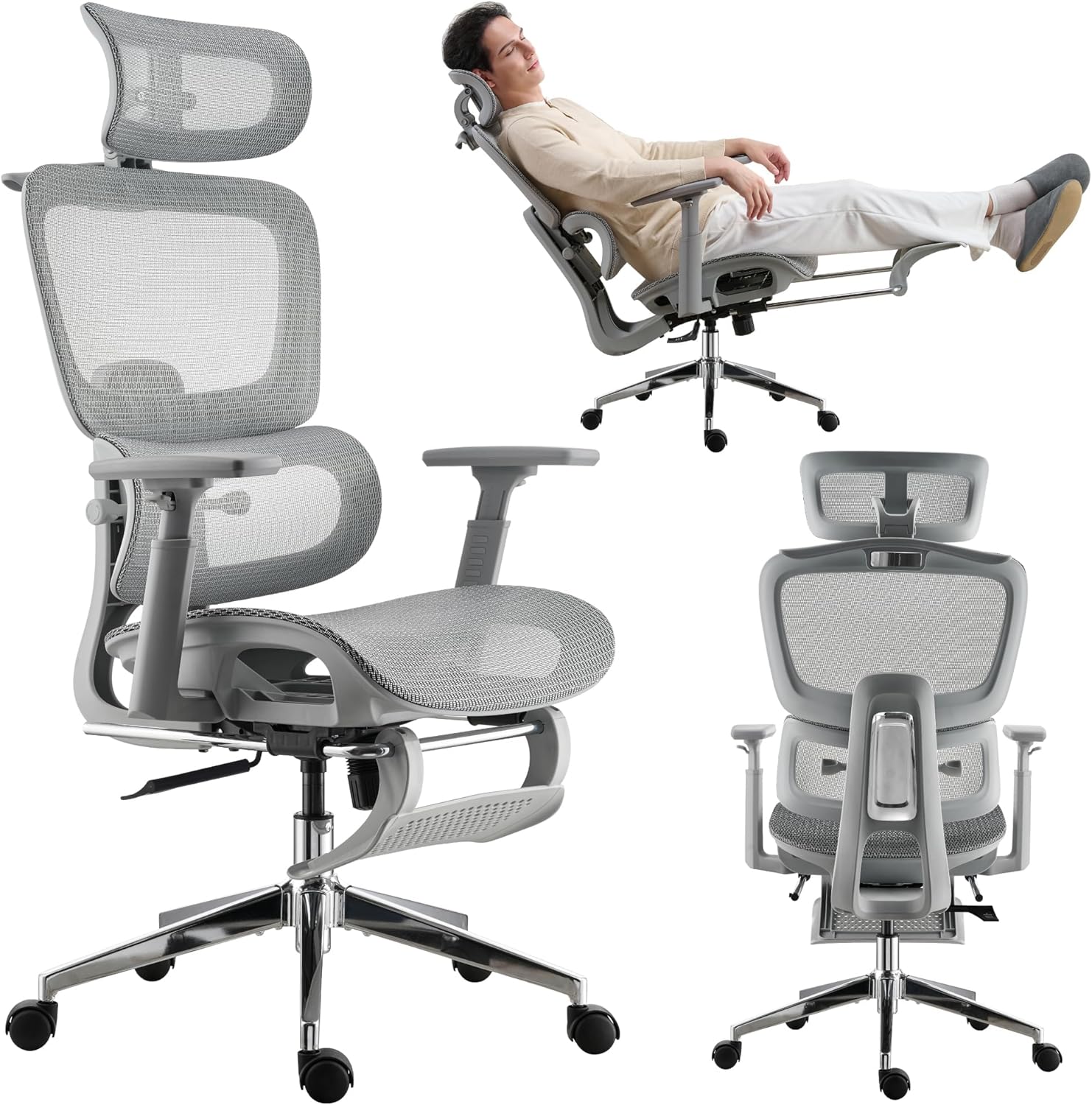 Mesh Ergonomic Office Chair with Footrest, Grey | High Back, Lumbar Support, Adjustable Headrest and Armrests, Gaming Chair,Home Office Desk Chair