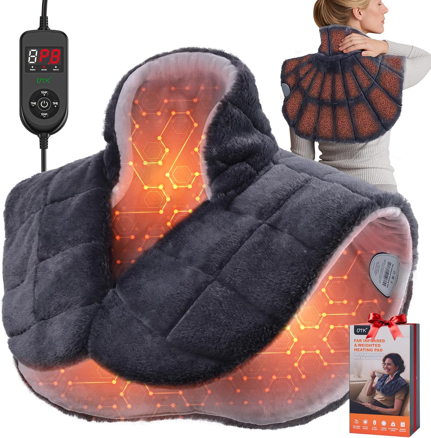 UTK 30s Fast Heating Pad for Neck Shoulder and Back, 6X Deeper Pain Relief Weighted Far Infrared Heating Pads, 8 Heat Options Max 149℉, 16 Auto Timer, 24″x20″ Extra Large, Gifts for Women, Men (Grey)