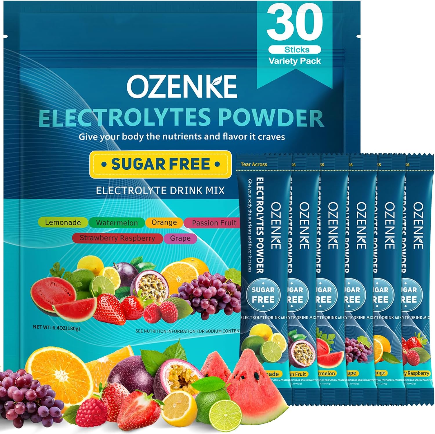 Electrolytes Powder Packets, 30 Sticks Hydration Packets Sugar Free, Electrolyte Drink Mix Travel Electrolyte Packets for Rapid Hydration, 6 Flavors