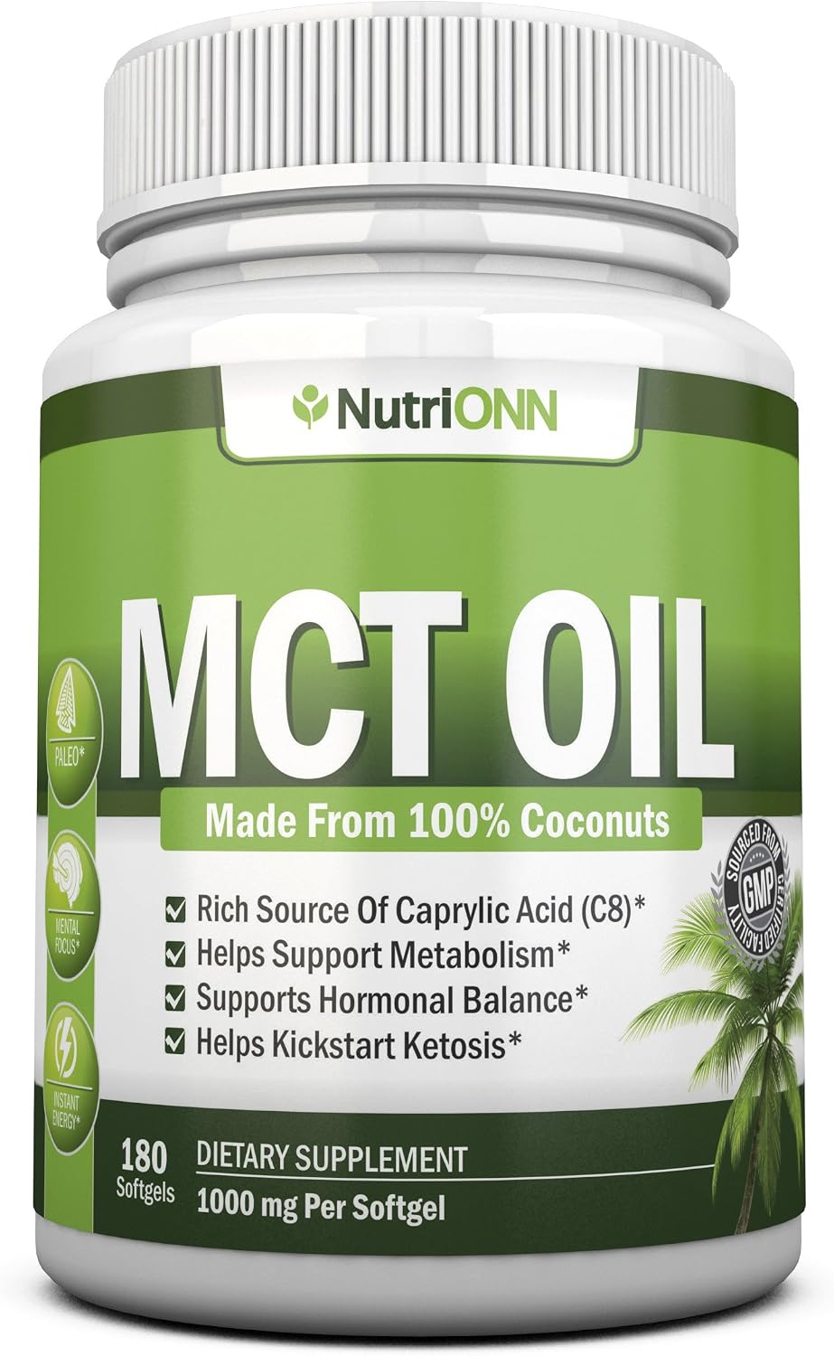 NutriONN MCT Oil – 3000mg Per Serving – 180 Softgels – Made from 100% Organic Coconuts – Non GMO, Cold Pressed, Paleo Friendly Capsules – Great for Focus & Gut Health