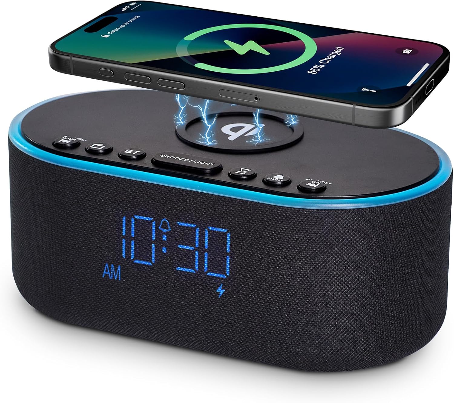 Odokee Wireless Charging Alarm Clock Radio: Qi Certified Fast Wireless Charger for iPhone Samsung – 10W Stereo Bluetooth Speaker – Dimmable Digital Clock with FM Radio for Bedroom Black