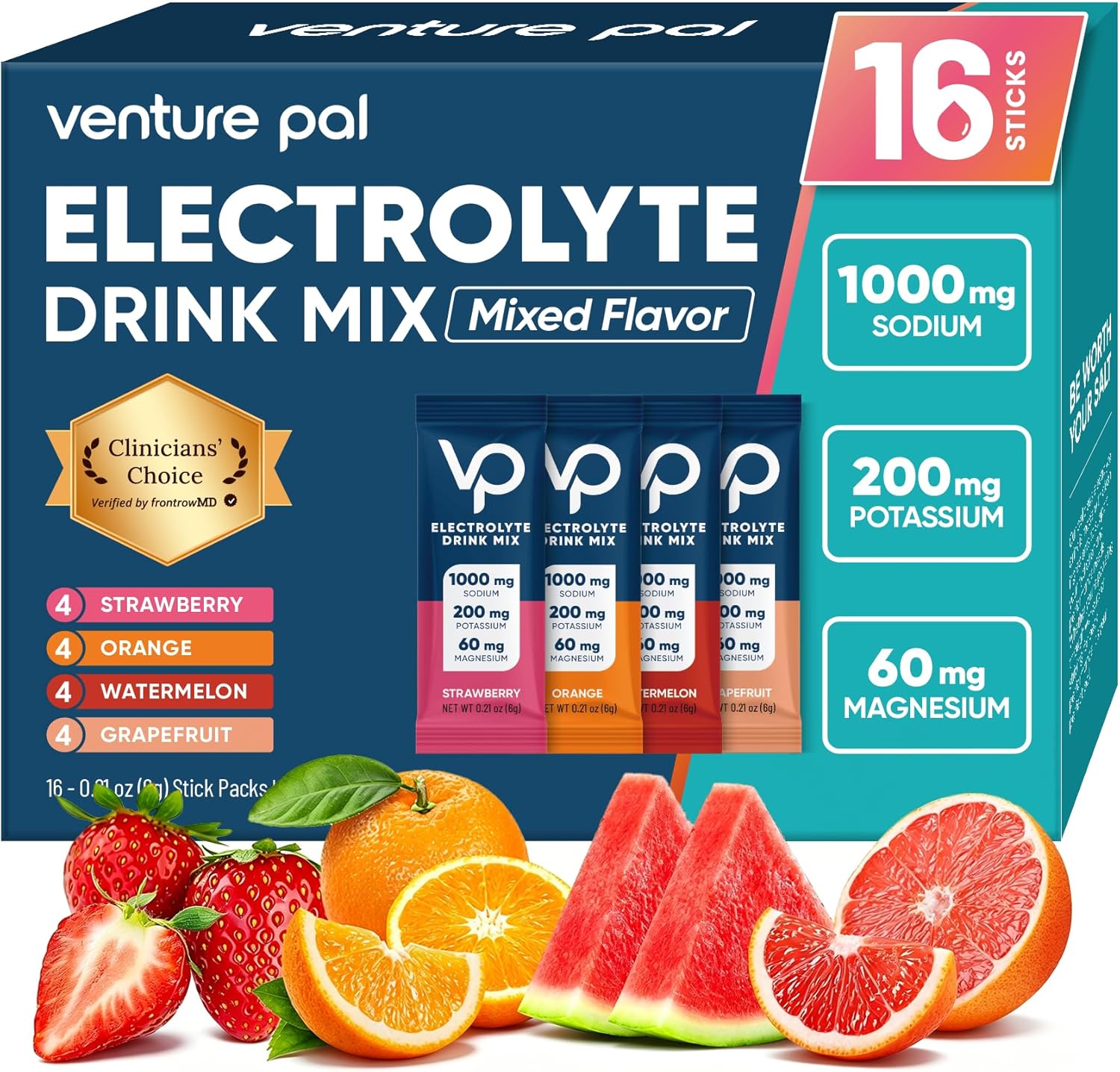 Venture Pal High Sodium Sugar Free Electrolytes Powder Packet – Hydration Packets with Vitamin, Sodium & Potassium | Zero Calories | Vegan, Keto & Paleo Friendly Electrolyte Drink Mix – 16 Sticks