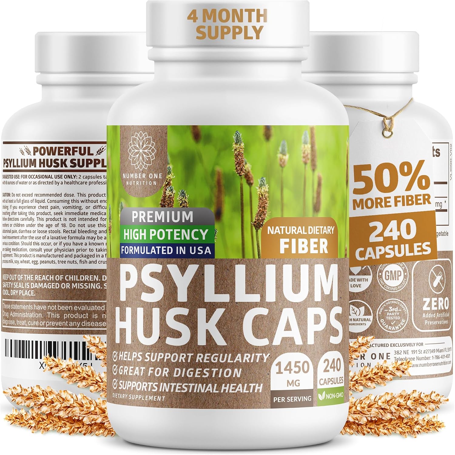 Psyllium Husk Capsules 1450mg, Soluble Fiber Support, 240 Caps